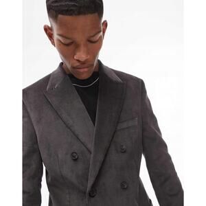 Topman Men's 40 Regular Skinny Corduroy Double Breasted Coat/Jacket Gray